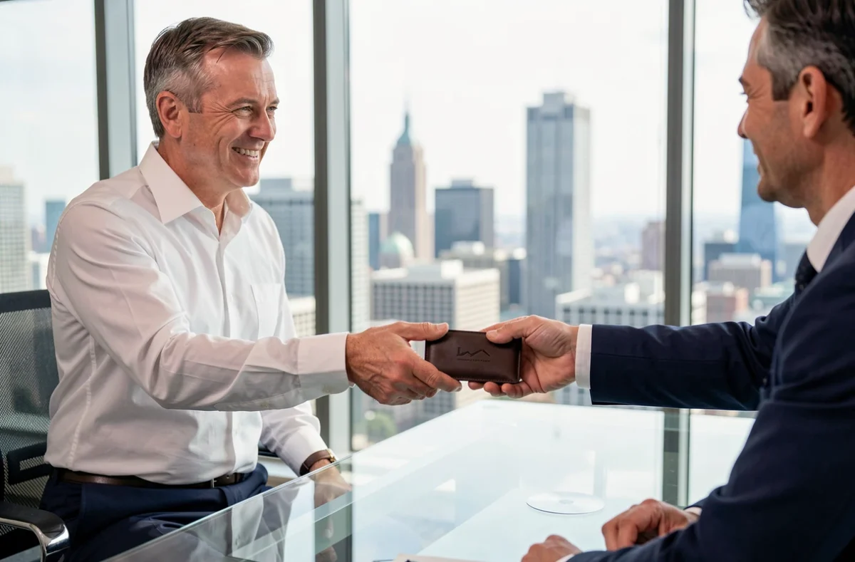 Remise d'un portefeuille en cuir personnalisé comme cadeau client lors d'une réunion professionnelle en entreprise