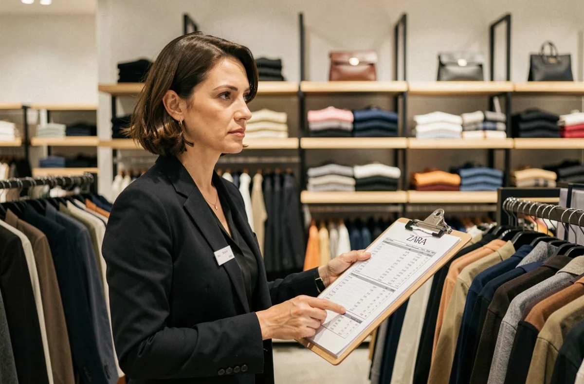 Responsable de magasin Zara inspectant les stocks avant une fermeture annoncée dans un contexte de restructuration