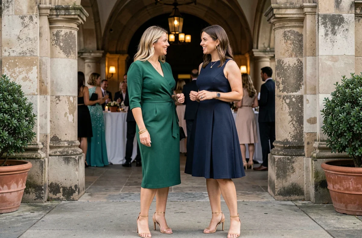 Deux femmes élégamment habillées à l'entrée d'un lieu de réception pour un anniversaire, illustrant comment respecter un dress code avec style