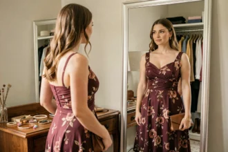 Femme en robe midi bordeaux regardant son reflet dans un miroir, choisissant une tenue élégante pour respecter un dress code d'anniversaire