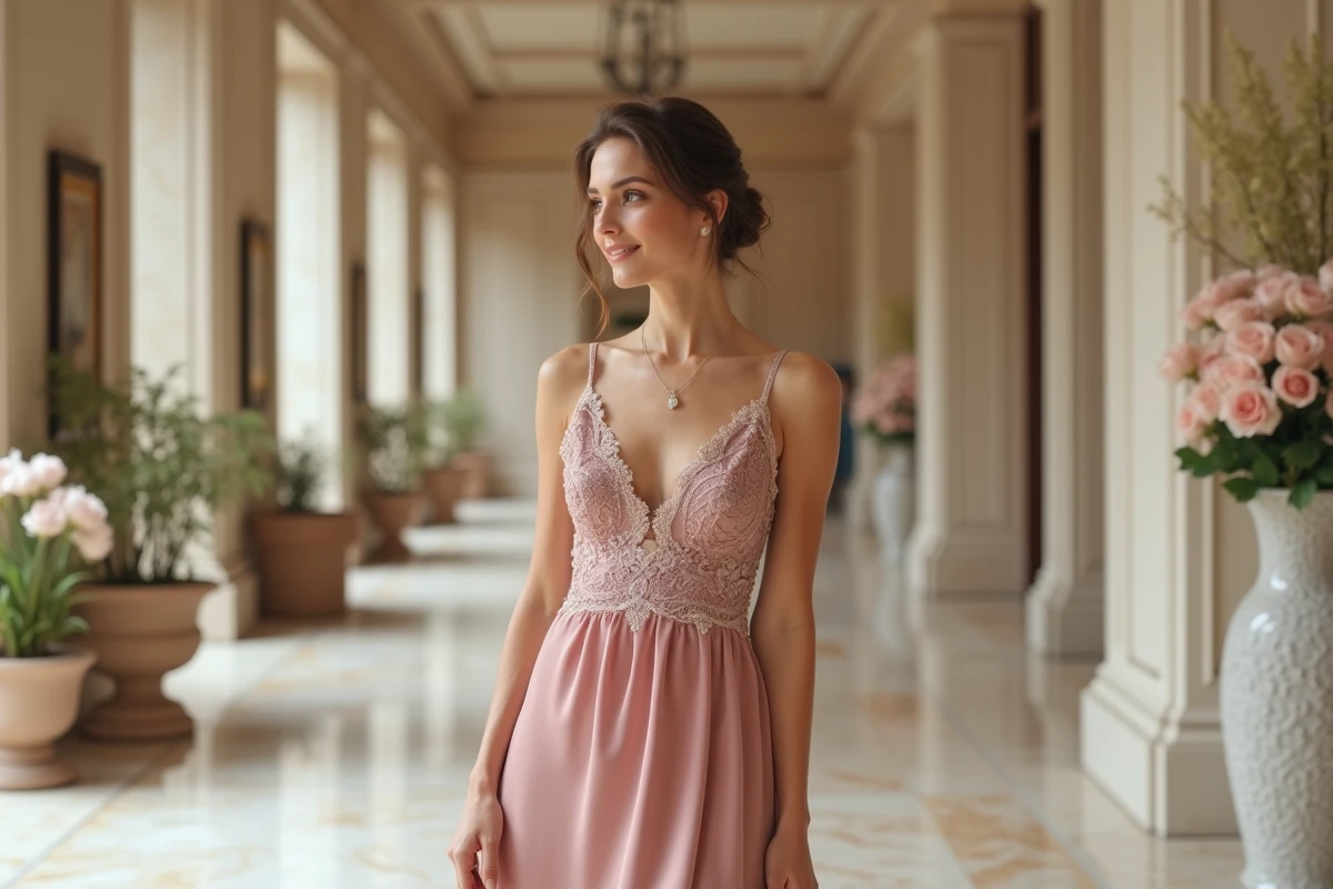 Femme portant une robe courte cocktail en soie rose poudré avec dentelle au décolleté dans un hall de mariage élégant