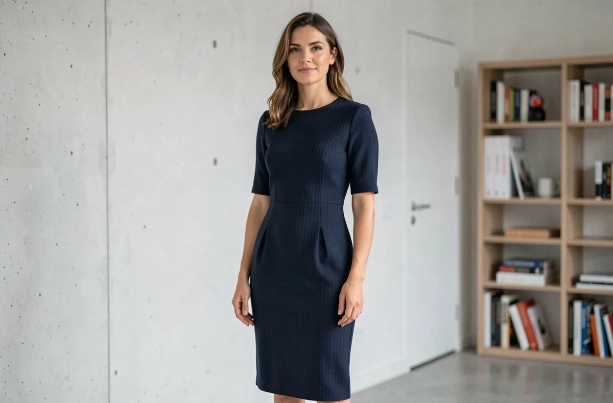 Femme en robe droite bleu marine structurée et coupe midi qui camouffle le ventre dans un intérieur moderne