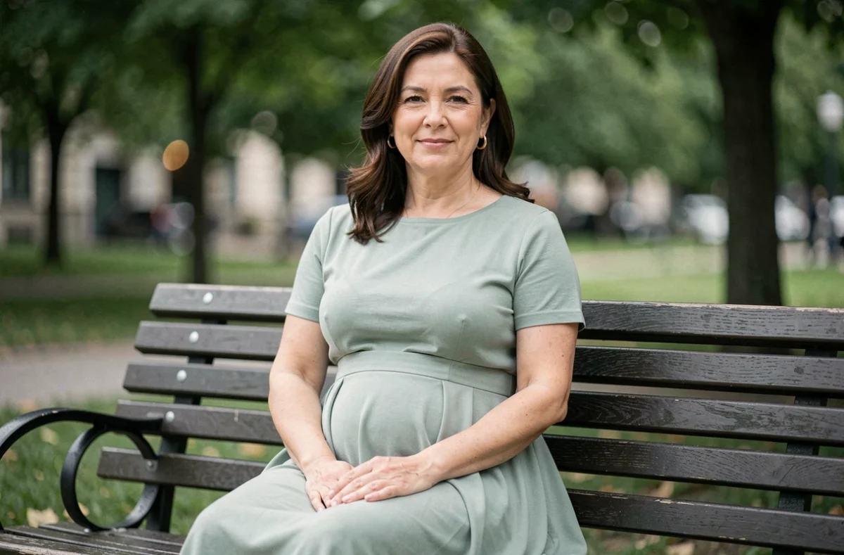 Femme portant une robe empire verte taille haute qui affine le ventre assise dans un parc