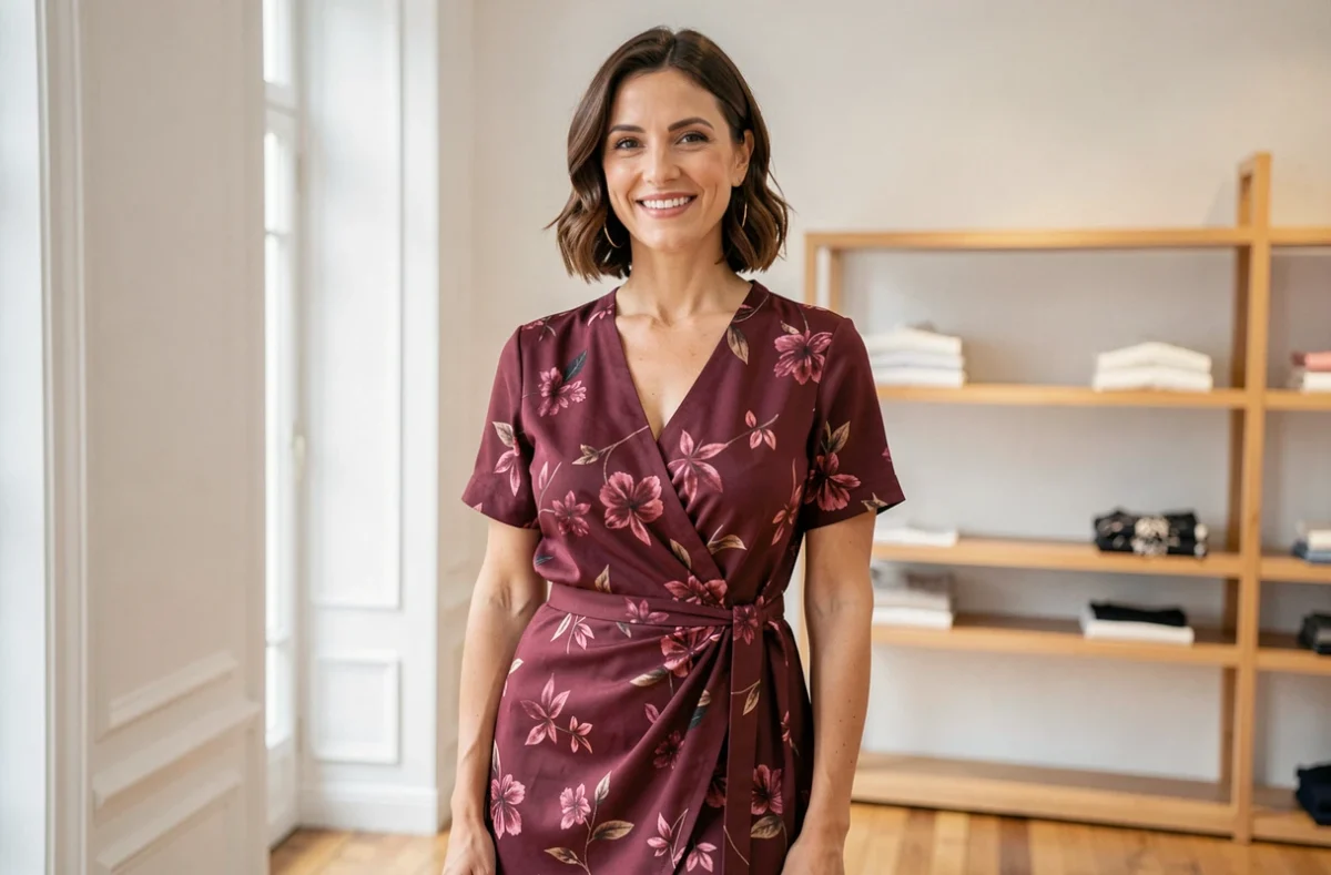 Femme ronde portant une robe portefeuille bordeaux à fleurs qui met en valeur sa silhouette en boutique