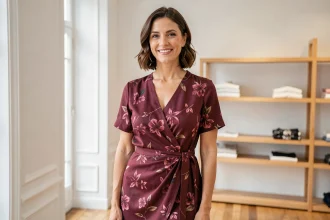 Femme ronde portant une robe portefeuille bordeaux à fleurs qui met en valeur sa silhouette en boutique
