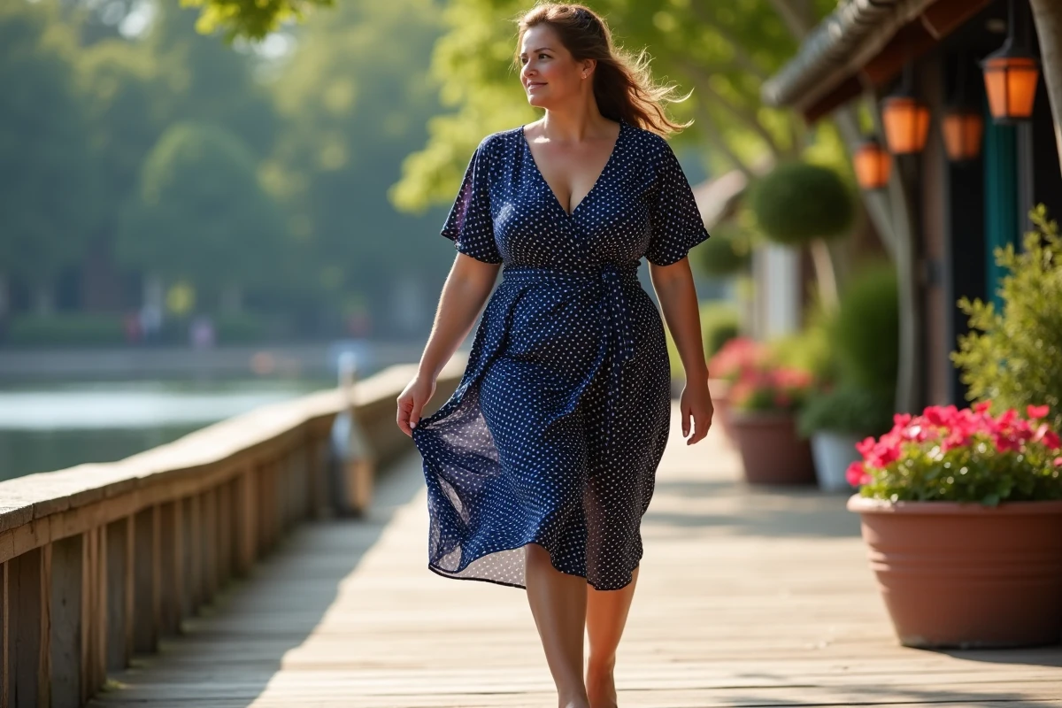 Femme grande taille en robe portefeuille à pois marchant sur un ponton de guinguette en été