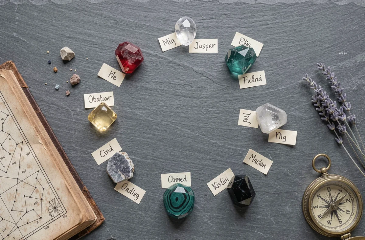 Vue de dessus d'une roue zodiacale composée de douze pierres précieuses correspondant aux signes astrologiques disposées sur ardoise