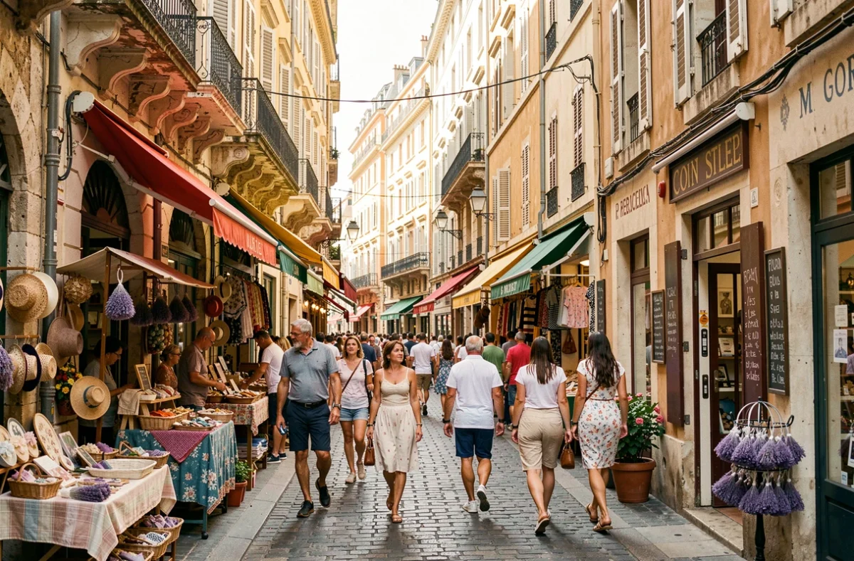 Rue commerçante animée près du Vieux-Port de Marseille avec boutiques et passants en été