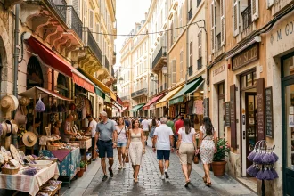 Rue commerçante animée près du Vieux-Port de Marseille avec boutiques et passants en été