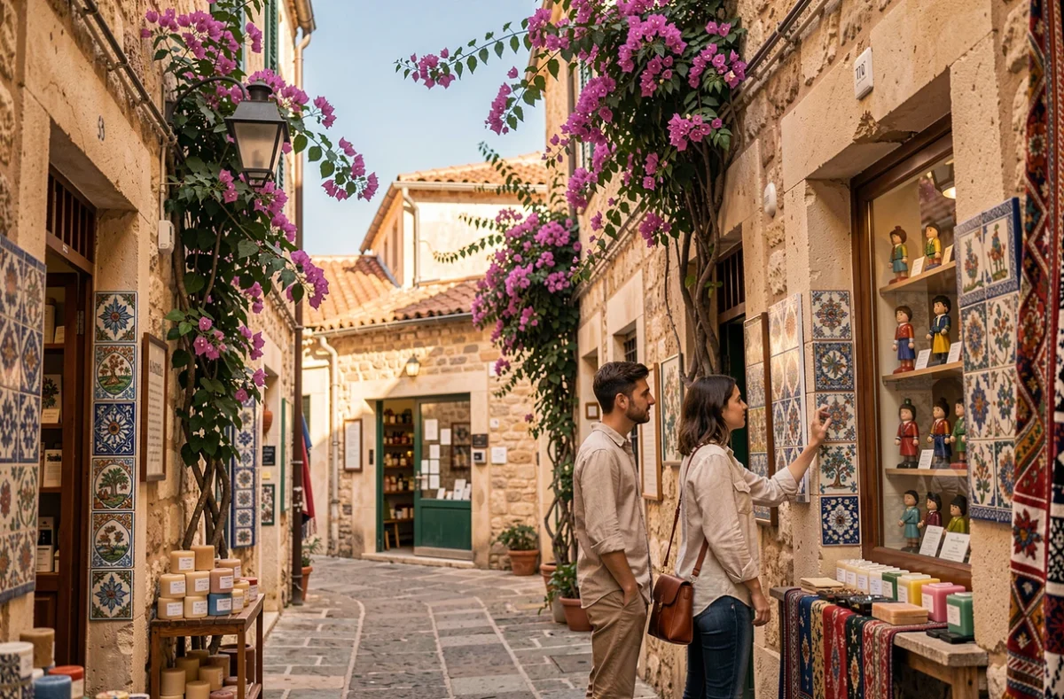 Ruelle artisanale du quartier du Panier à Marseille avec boutiques de savons et santons provençaux