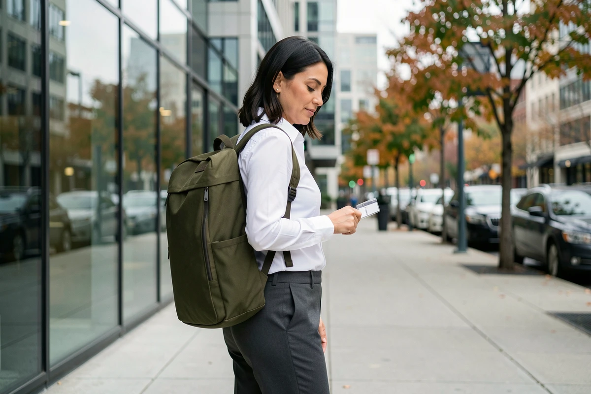 Femme d'affaires avec sac à dos discret pour laptop devant un immeuble client en milieu urbain