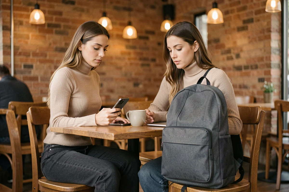 Jeune femme posant son sac à dos pour ordinateur portable discret dans un café avant un rendez-vous client