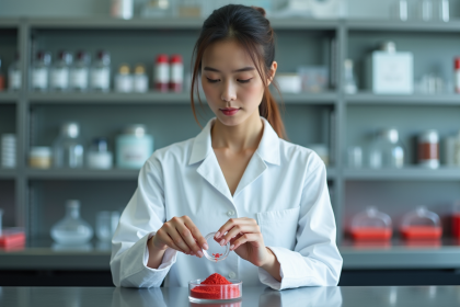 Scientifique en laboratoire examine pigment rouge en dish