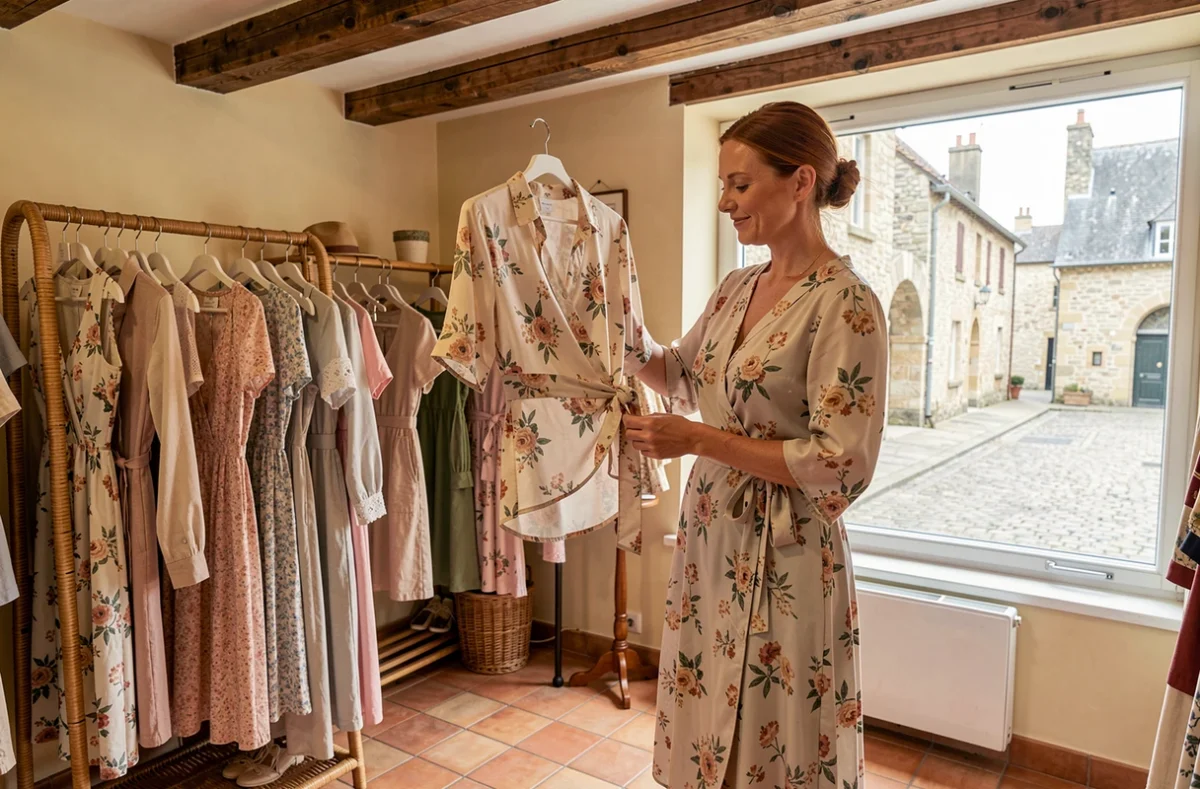 Boutique Soft Senlis dans un cadre provincial charmant avec des vêtements féminins délicats sur des présentoirs en osier