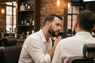 Homme soigné examinant sa barbe taillée dans un barbershop moderne avec des murs en briques apparentes