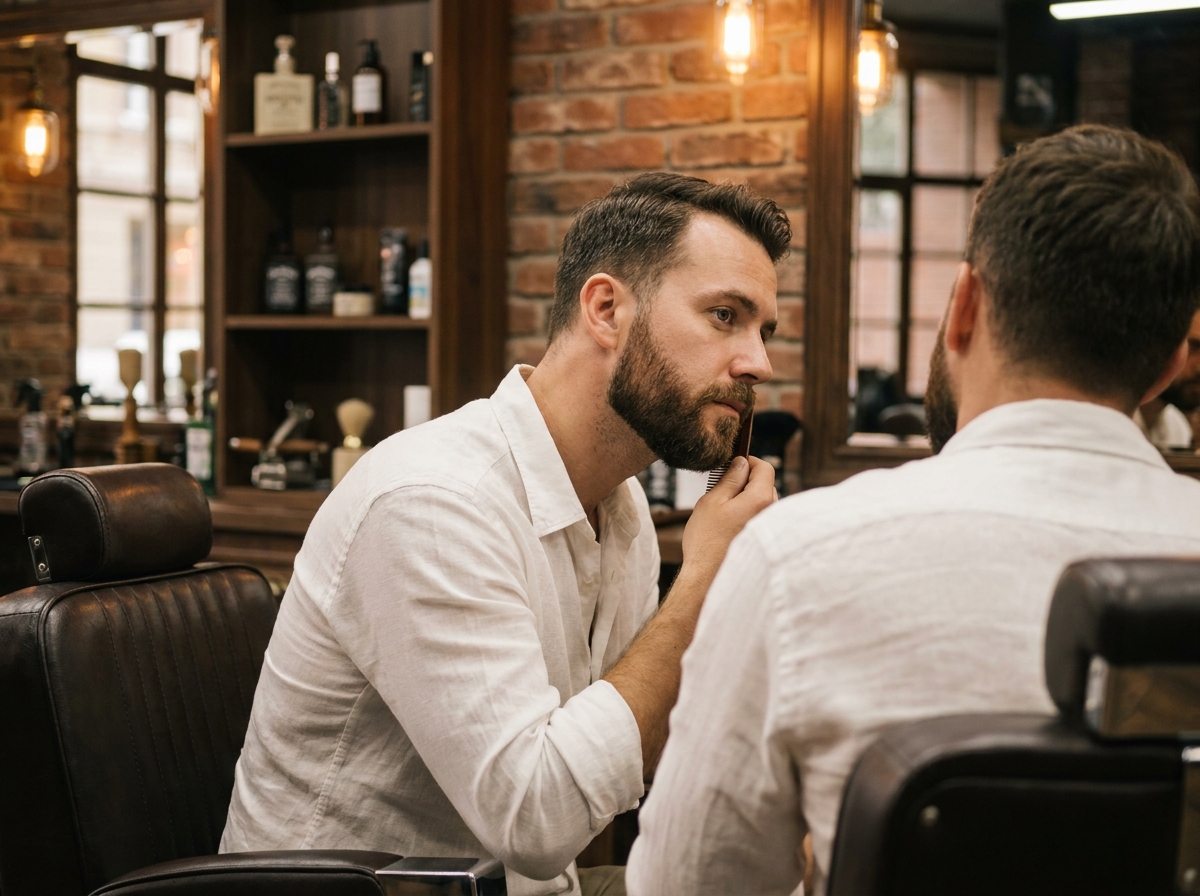 Homme soigné examinant sa barbe taillée dans un barbershop moderne avec des murs en briques apparentes