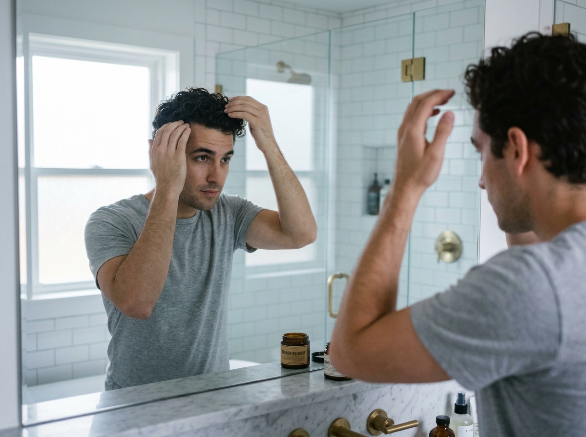 Jeune homme aux cheveux bouclés appliquant de la pommade dans une salle de bain moderne avec vasque en marbre