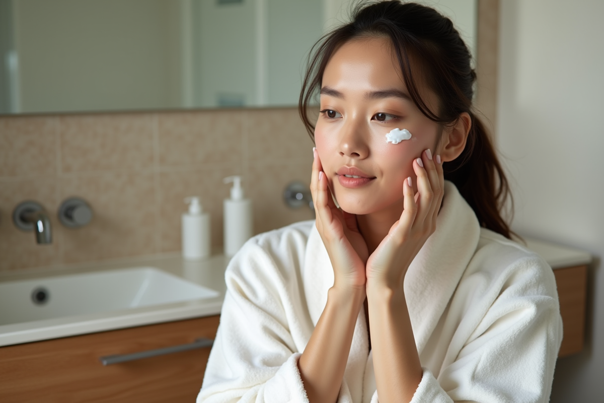 Jeune femme appliquant une creme visage dans sa salle de bain