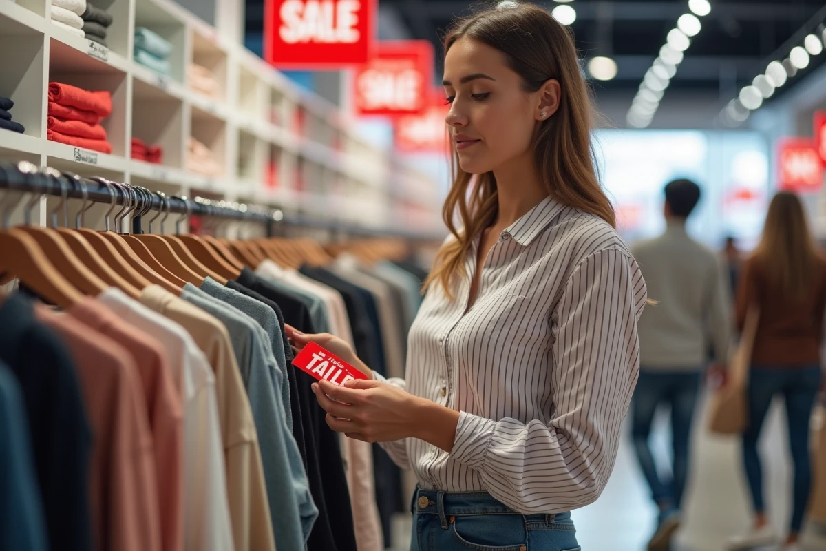 Femme faisant du shopping pendant les soldes dans un magasin avec des étiquettes de réduction rouge