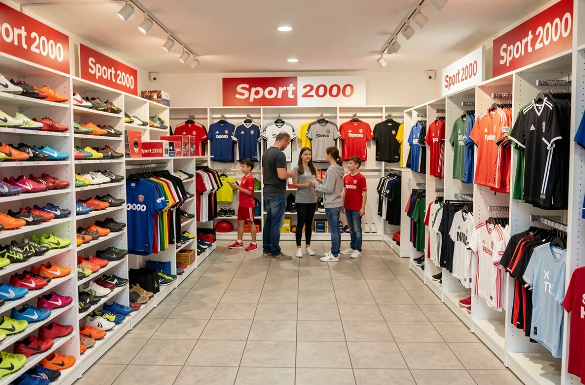 L'intérieur du magasin Sport 2000 d'Armentières avec des rayons de chaussures de foot et de vêtements de sport pour toute la famille