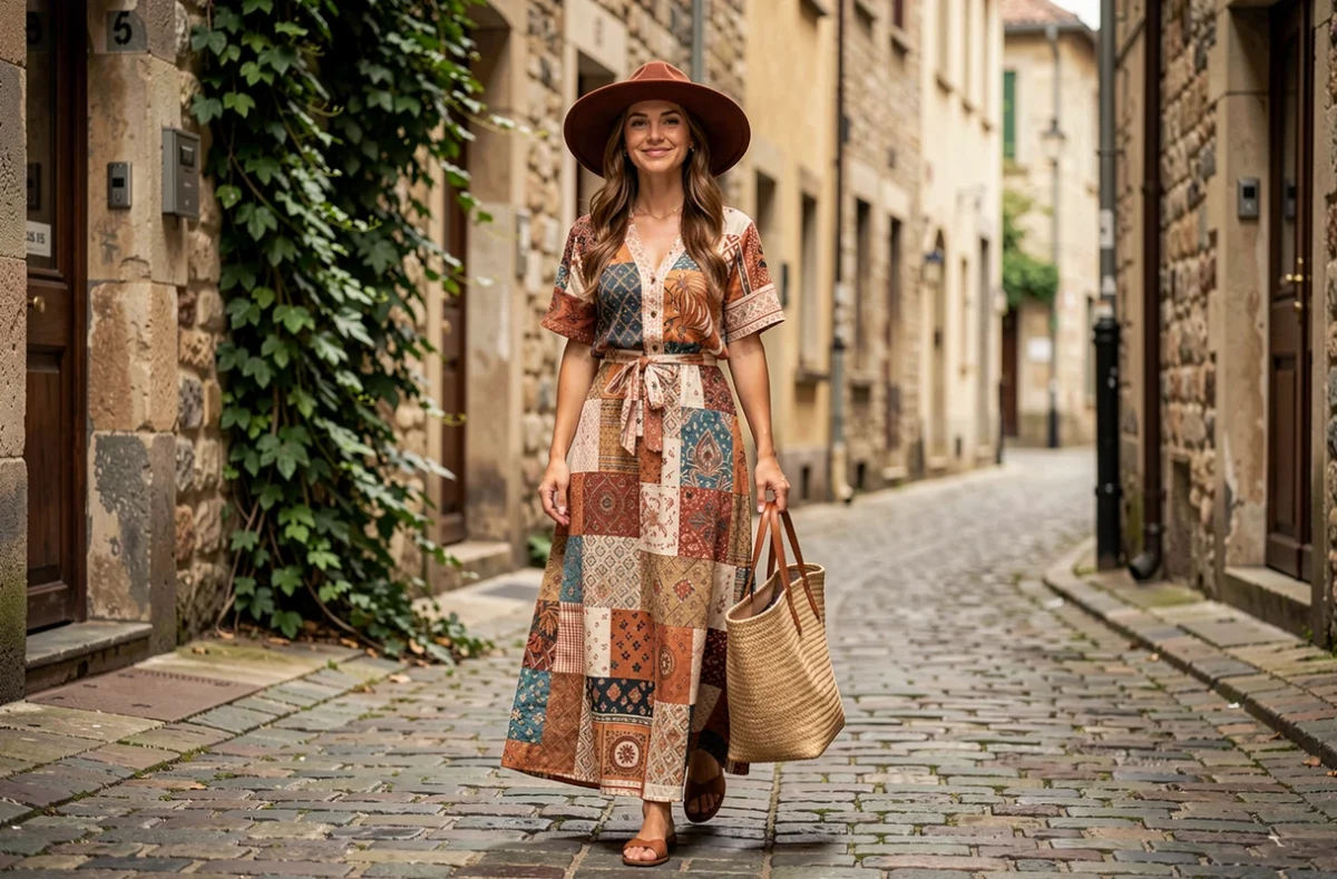 Femme élégante et bohème marchant dans une ruelle pavée européenne avec un chapeau en feutre cognac et un grand sac tressé en paille style hippie chic