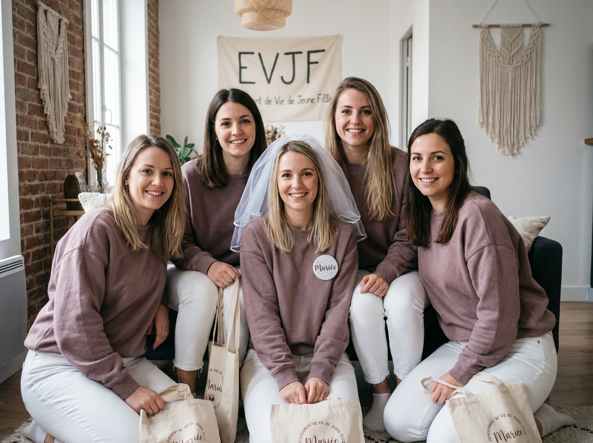 Groupe de copines en sweats mauves assortis posant avec la future mariée dans un appartement décoré pour l'EVJF
