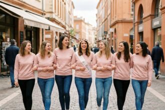Groupe de femmes portant des sweats assortis roses lors d'un enterrement de vie de jeune fille dans une rue pavée