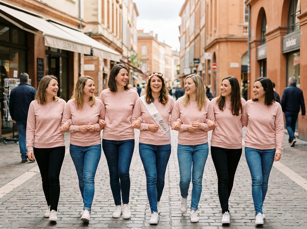 Groupe de femmes portant des sweats assortis roses lors d'un enterrement de vie de jeune fille dans une rue pavée