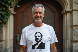 Homme portant un tee-shirt personnalisé avec le portrait de Charles de Gaulle et une citation, devant un immeuble parisien en pierre