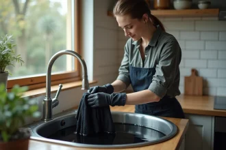 Femme appliquant une teinture noire sur un vêtement taché dans un évier de cuisine avec des gants en caoutchouc