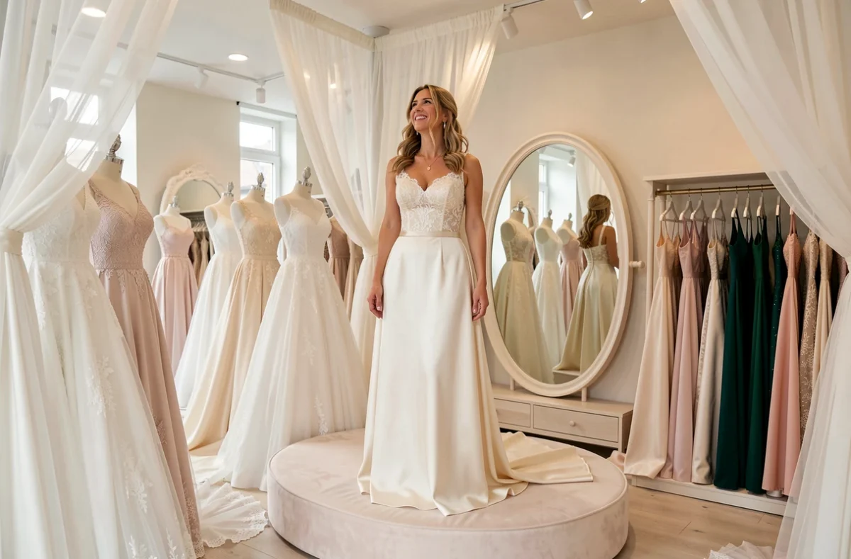 Boutique Tendance Mariage dans l'Oise avec une mariée en robe ivoire sur un podium d'essayage entouré de robes de cérémonie