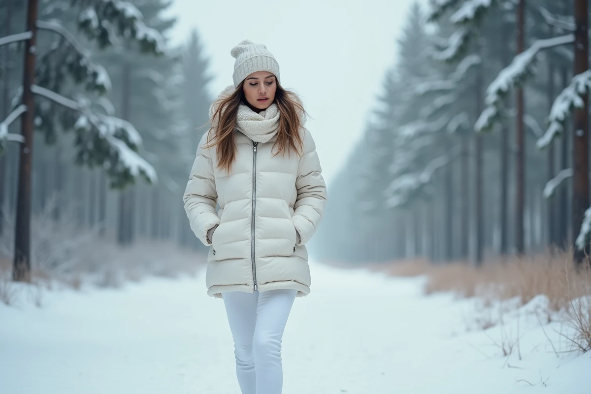 Femme en doudoune blanche et pantalon ivoire marchant dans une forêt de pins enneigée, tenue blanche hivernale dans la nature