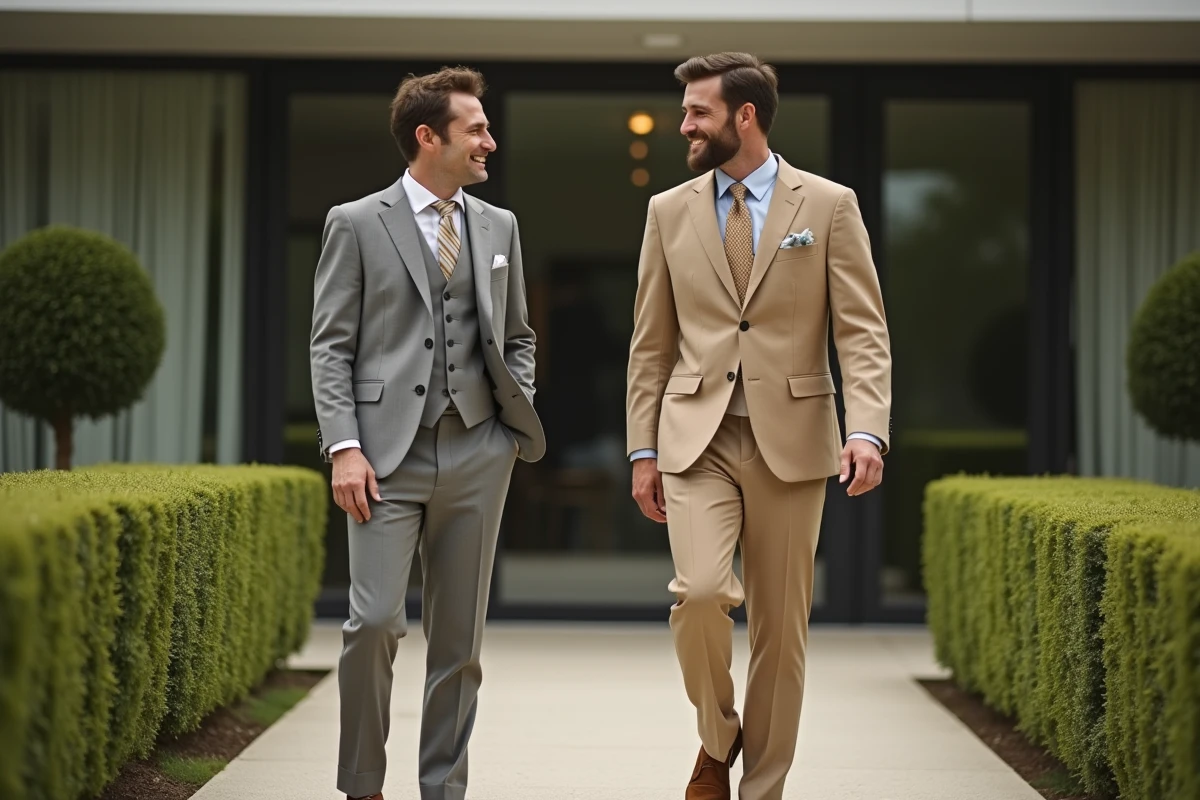 Deux hommes en tenues de mariage vintage années 60, costumes gris et beige avec cravates fines et accessoires rétro