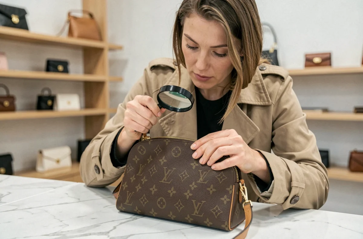 Femme examinant les coutures et la fermeture éclair d'un sac Louis Vuitton monogram pour en vérifier l'authenticité