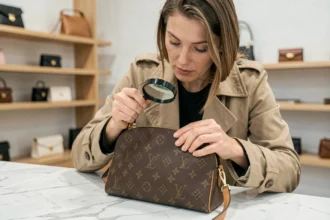 Femme examinant les coutures et la fermeture éclair d'un sac Louis Vuitton monogram pour en vérifier l'authenticité