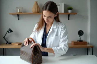 Experte en authentification examinant la toile monogramme d'un sac Louis Vuitton pour vérifier son authenticité