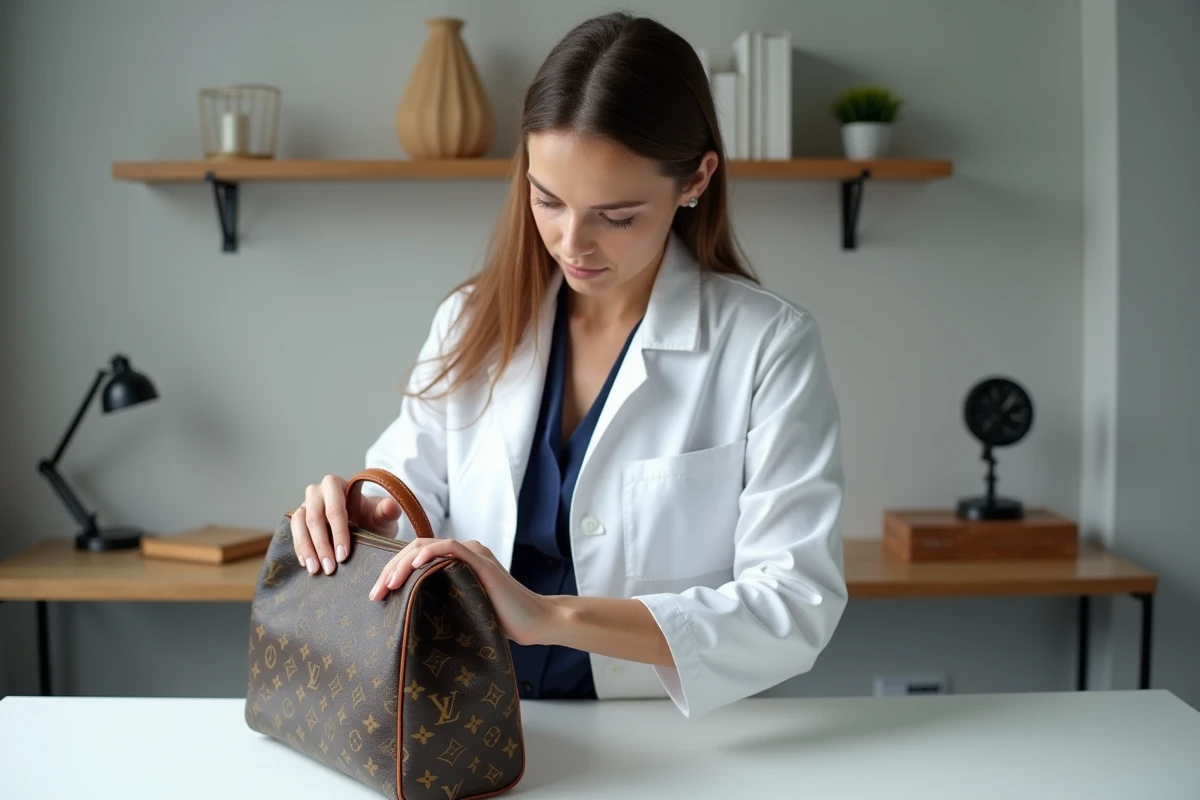 Experte en authentification examinant la toile monogramme d'un sac Louis Vuitton pour vérifier son authenticité