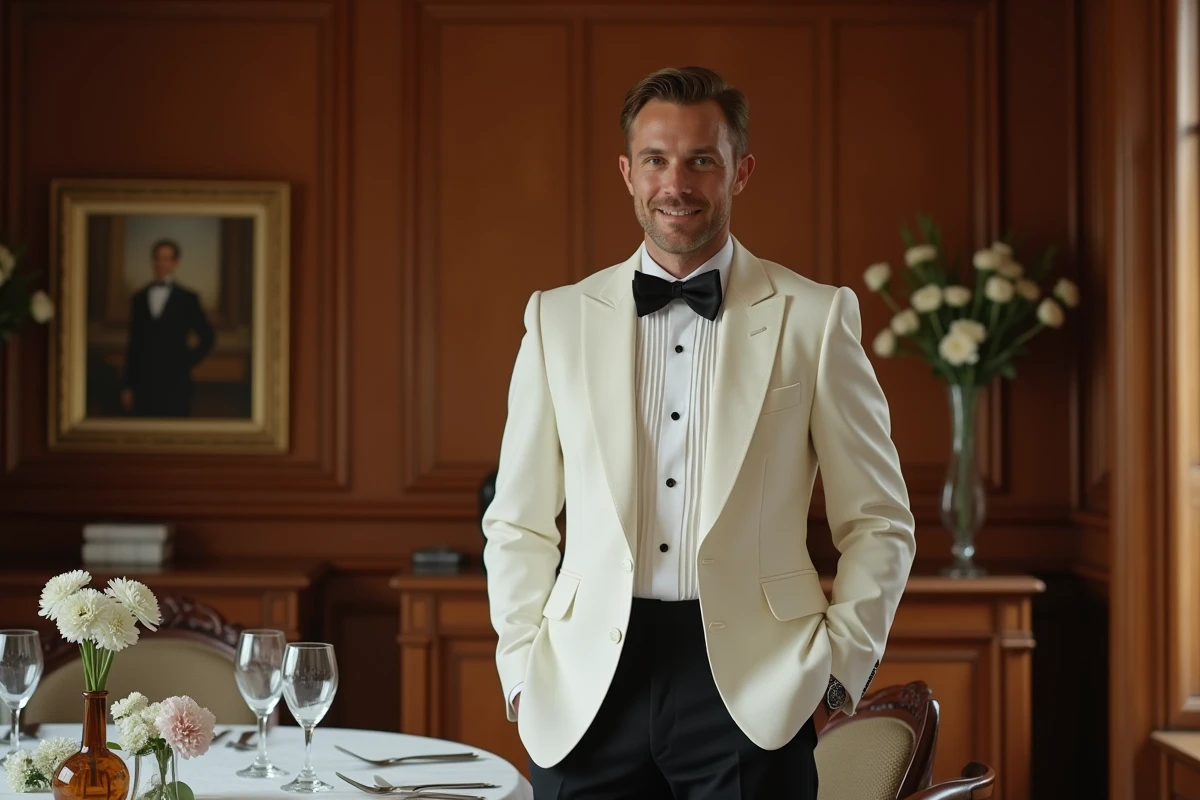 Homme en veste blanche de style années 60 avec nœud papillon noir et pantalon de smoking pour un mariage élégant