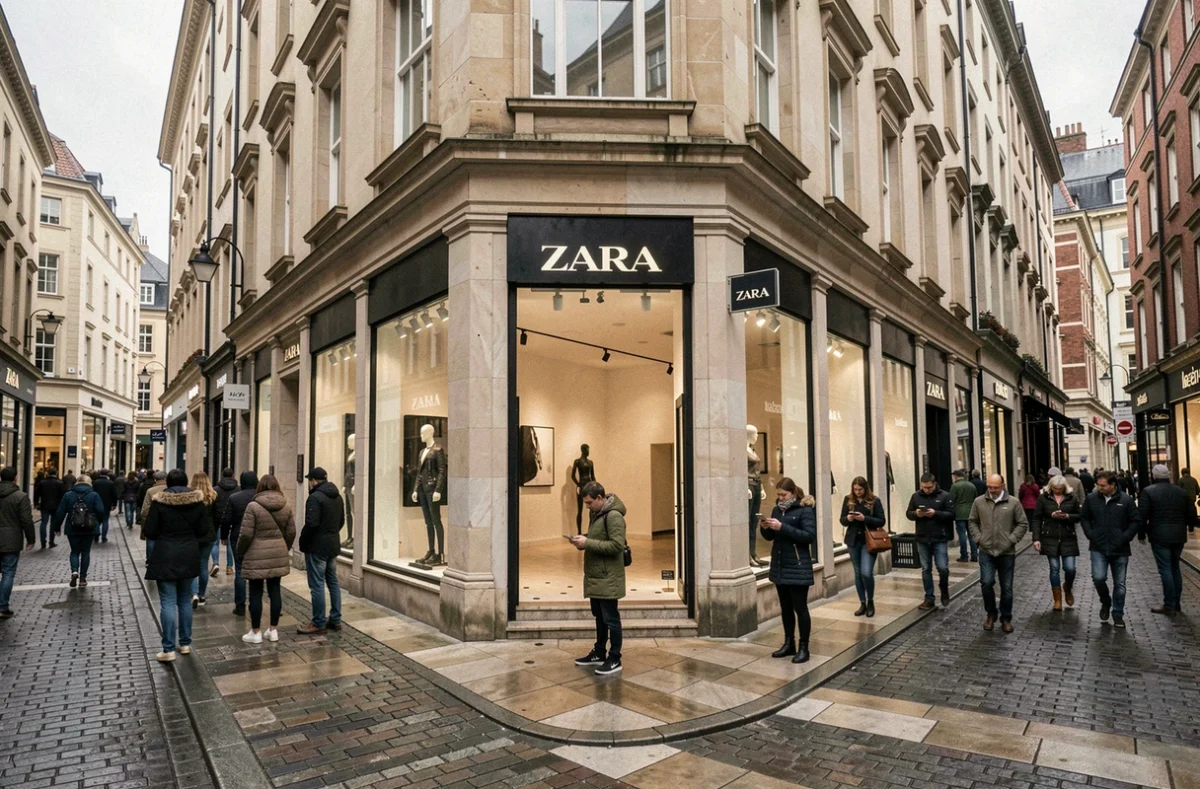 Vue de rue d'un magasin Zara avec vitrines clairsemées et passants dans un quartier commercial urbain